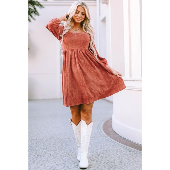 Azura Exchange Brown Suede Square Neck Puff Sleeve Dress - Picture 4 of 8